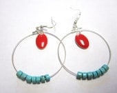 Hoop Earrings Red Enamel Earrings Turquoise Blue & Red Jewelry