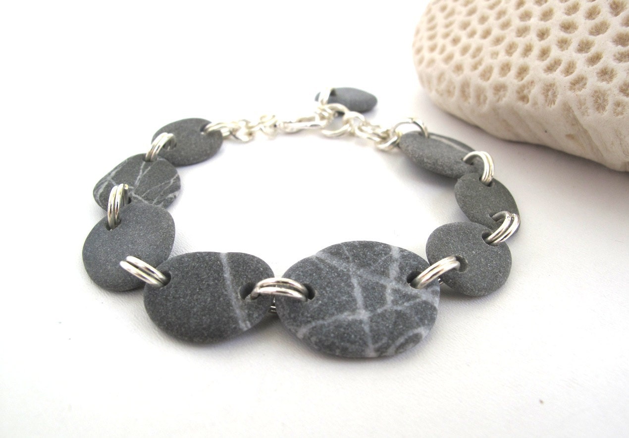 Beach Stone Bracelet : STORM Hand Drilled Striped Natural Beach Pebble Bracelet River Rock Silver Jewelry Pebble Jewelry Mediterranean