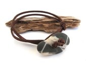 Beach Pebble Surfers Jewelry : IT ROCKS STRIPED Hand Drilled Natural Beach Stone Wrap Bracelet Rock Brown Suede Cord Unisex Beach Jewelry