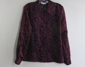 Vintage black sheer blouse with purple burgundy velvet print- medium