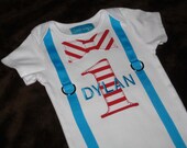 Personalized First Birthday Onesie Cat in the Hat inspired Baby Boy "1" Red and White Striped Light Blue Teal Dr. Seuss inspired