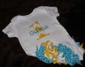 Personalized First Birthday Onesie Ruffle Bum Teal and Yellow Turquoise Aqua Chevron Baby Girl 1st Birthday Party