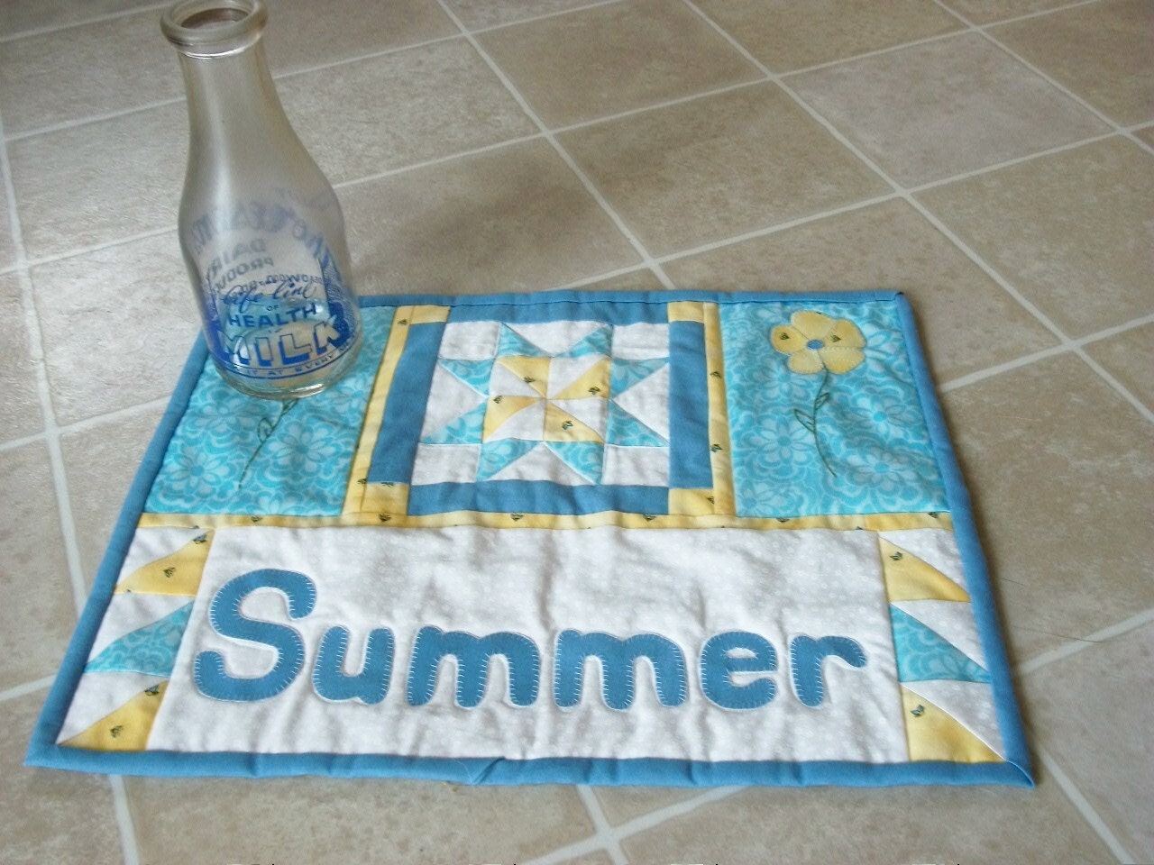 Quilted Table Topper Summer Flowers Bees Blue Yellow