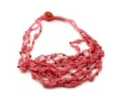 Crochet Necklace Three Strands  Bobble Stitch Pink Iridiscent Cooper Beads  Fiber Necklace