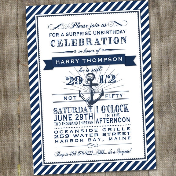 Navy and White Nautical 50th Surprise Birthday Printable Party Invitation