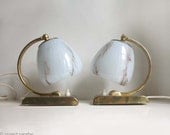 Pair of Vintage Midcentury Art Deco Style Table Lamps. Baby Blue Marbled Glass Globe Shades with Gold Metal Bases.