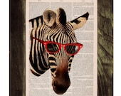 Vintage book print Cool Zebra with sunglasses Printed on Vintage Book sheet - Nursery wall art
