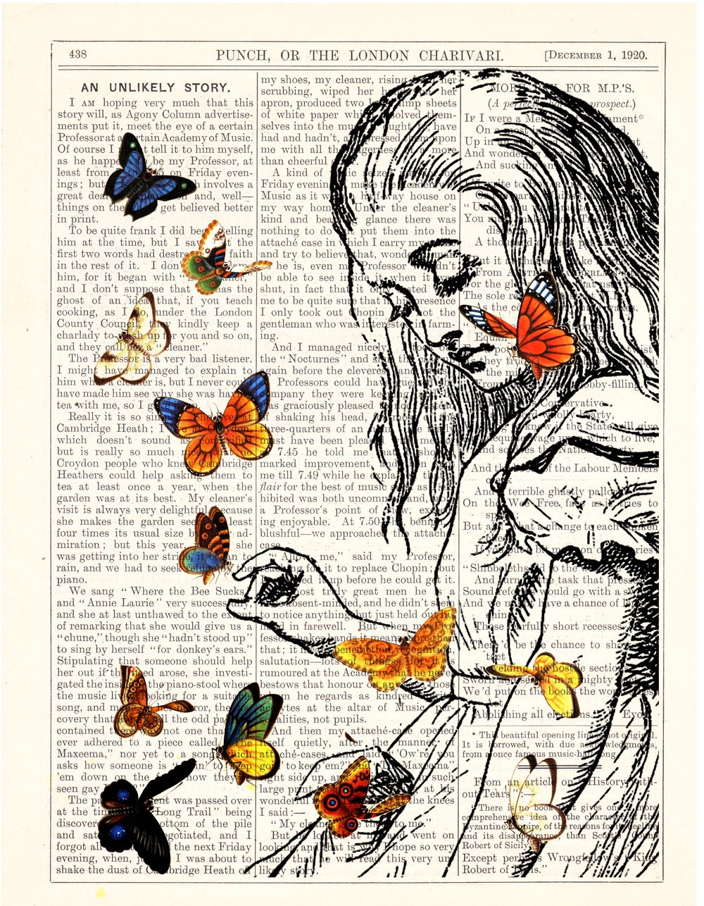Book print Alice in Wonderland Playing with butterflies print on Vintage Dictionary Book art