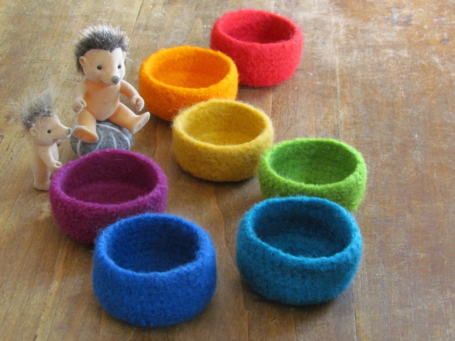 Waldorf Rainbow bowls - felted wool toy - eco-friendly - set of seven