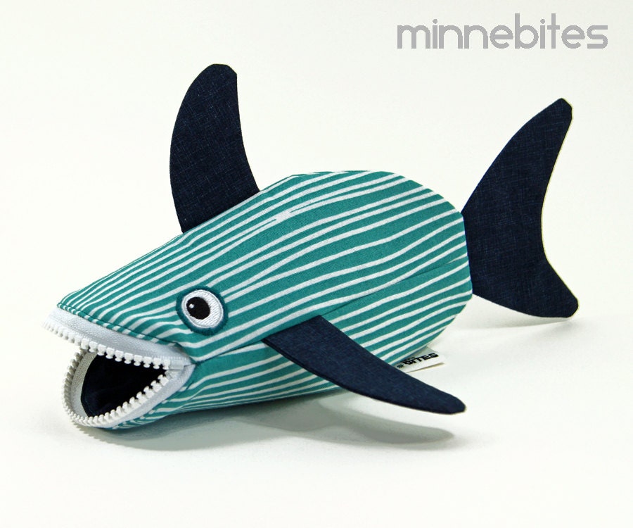 Baby Out to Sea Shark by MinneBites / Handmade Shark Bag - Crayon Holder - Fish Bag Purse - Toddler Toy Bag - Nautical Aqua Navy Bag