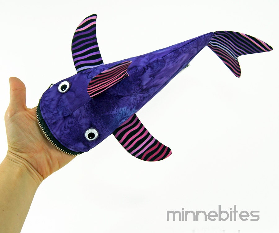 Shark Bag by MinneBites / Handmade Fish Pencil Case - Purple Bag - Desk Organizer - Desk Accessory - Purple Purse Organizer, ready to ship