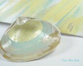 Ocean Art Beach Art NJ Seashell Hand Painted Aqua Yellow Home Decor Turquoise Teal Green Sea Sky Sand Shabby Cottage chic decorative