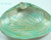 Seashell Hand Painted Ocean Art Beach Home Decor Aqua Turquoise Mint Green Gold White Jersey Shore Waves Shabby Cottage Chic