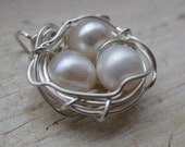 Nest of Baby Birds-Sterling Silver and Freshwater Pearl Wire Wrapped Nest Pendant- You Choose Number of Eggs