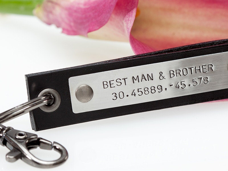 Best Man Gift - Latitude Longitude Key Chain - Black Leather Groomsmen Key Chain