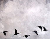Minimal Geese in flight art print, 11x14 large, Gray clouds and flock of birds wall art