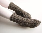 Hand Knitted Braided Cable Socks - 100% Natural Woolen Eco Clothing - Undyed Dark Gray