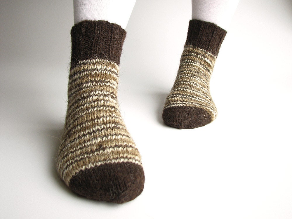 Random Striped Woolen Socks - 100% Natural Hand-spun Wool Yarn - Autumn Winter Eco Clothing