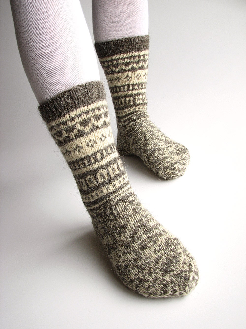 Patterned Woolen Boot Socks - Undyed Natural Organic Handspun Wool Yarn - Hand Knitted