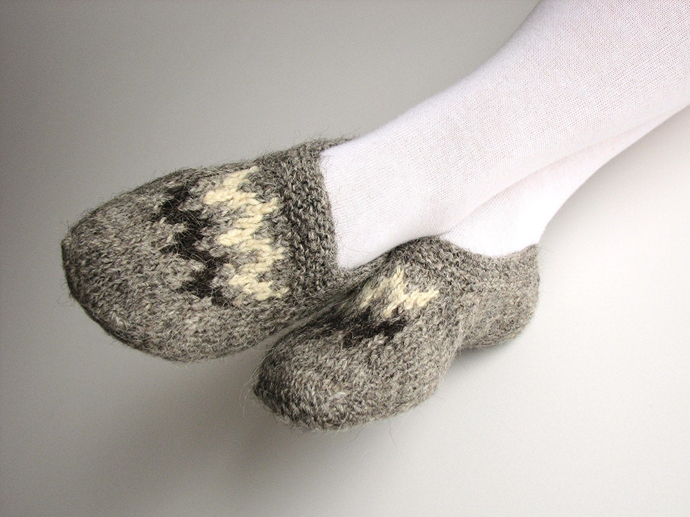 Hand Knitted Women Slippers - Home Comfort - Natural Organic Clothing - Handspun Undyed Wool Yarn