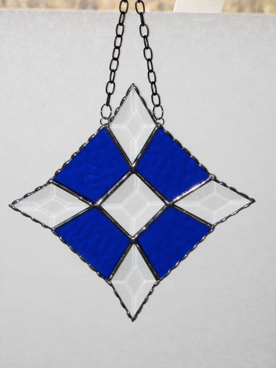 Stained Glass Suncatcher - Elegant Design with Bevels and cobalt Blue, Diamond Shaped