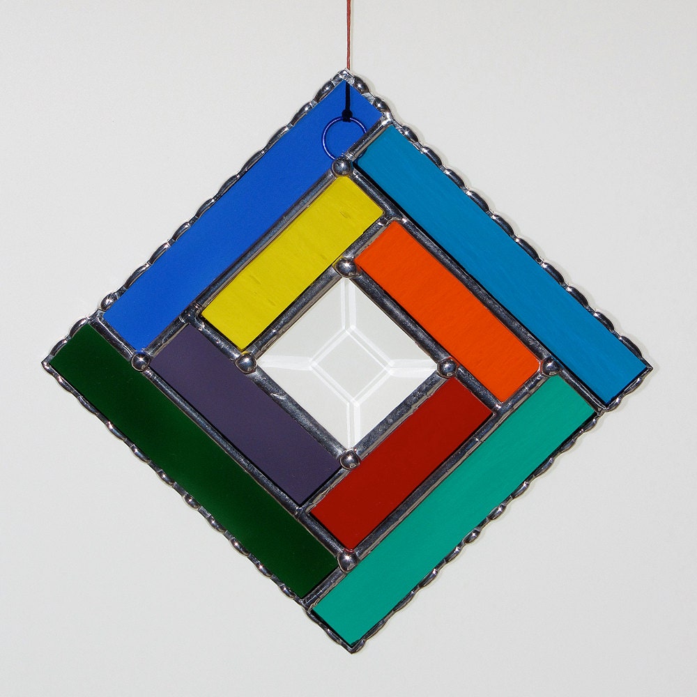 Stained Glass Suncatcher - Elegant Geometric Design with Bevel, Bright Colors, Rainbow, Spectrum