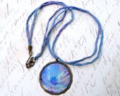 Violet Lavender Purple Flower Post Card Image Resin Pendant Silk Cord Necklace N536