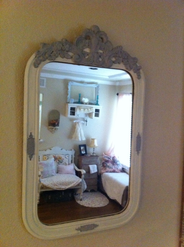 Antique Vintage Ornate Arched Shaped Glass Mirror Chippy Gesso Frame Wall Hanging Mirror - Paris Chic - Shabby Chic - Farmhouse Chic 