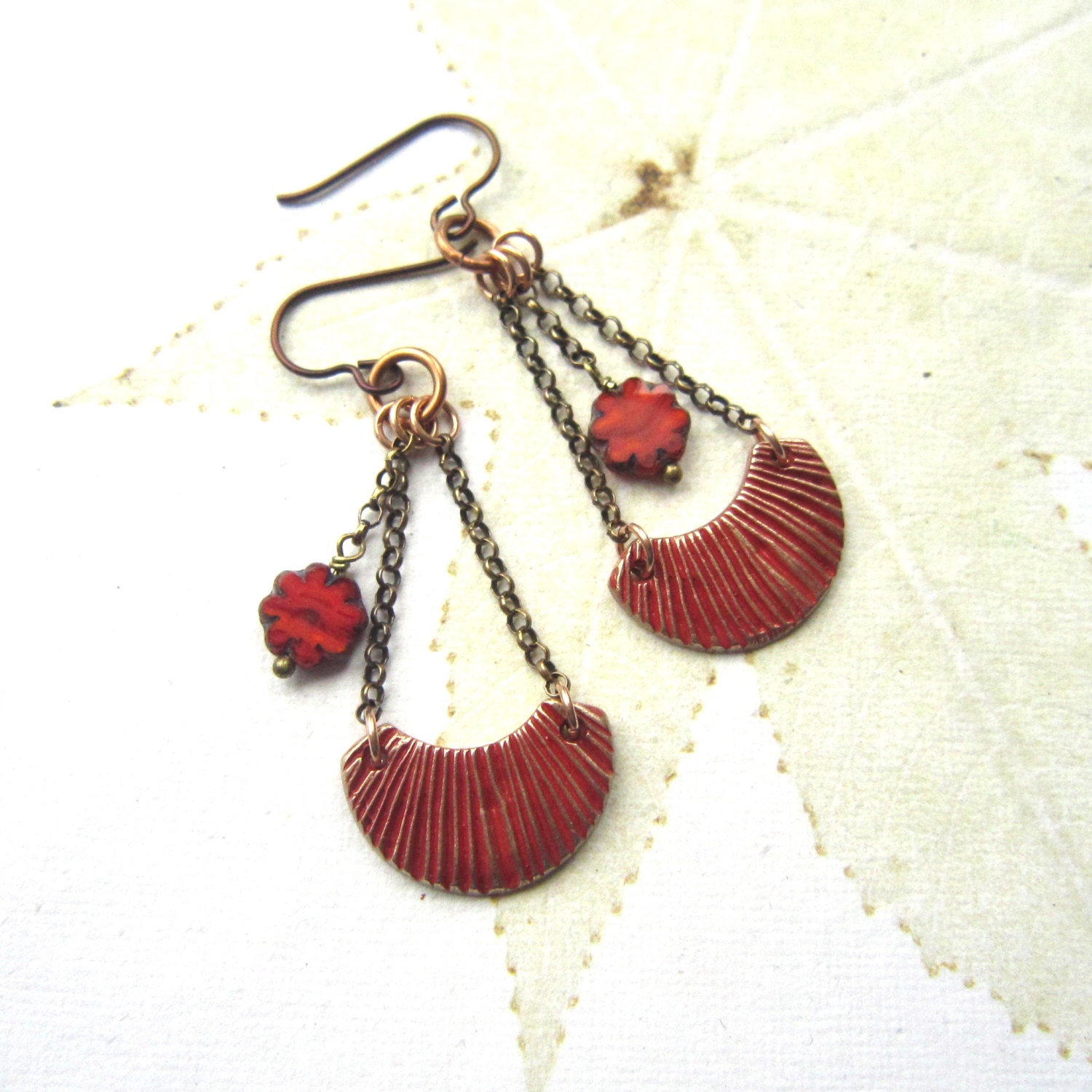 Bronze charm earrings, beaded earrings, boho chain earrings, burnt orange earrings, brass earrings