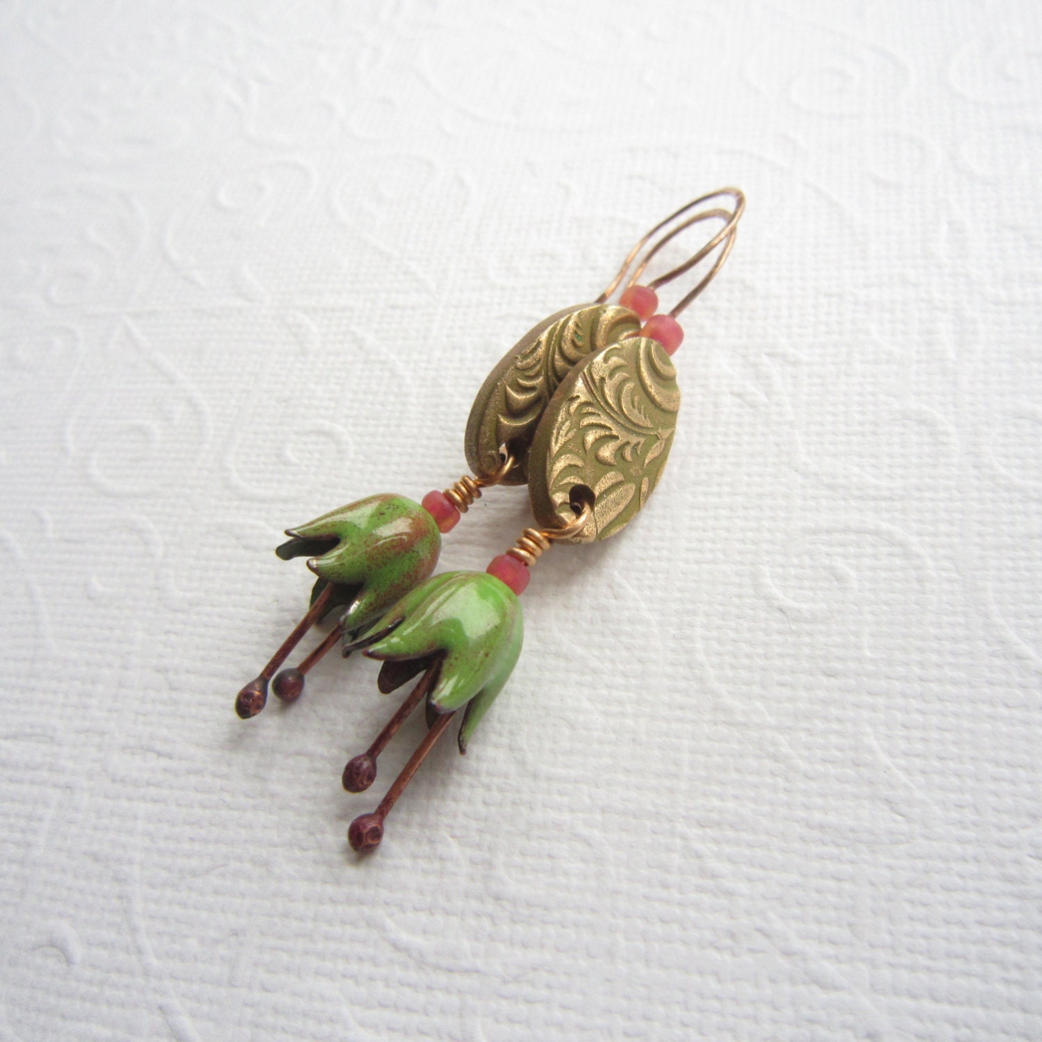 Flower bud earrings, bronze earrings, green earrings, handmade earrings, pink and green
