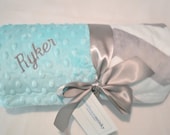 Chevron Monogrammed Minky Baby Blanket  - Gray and Tiffany Blue / Aqua Personalized - Soft