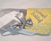 Minky Baby Blanket -  Personalized Monogram- Yellow and Gray Chevron Print - Custom