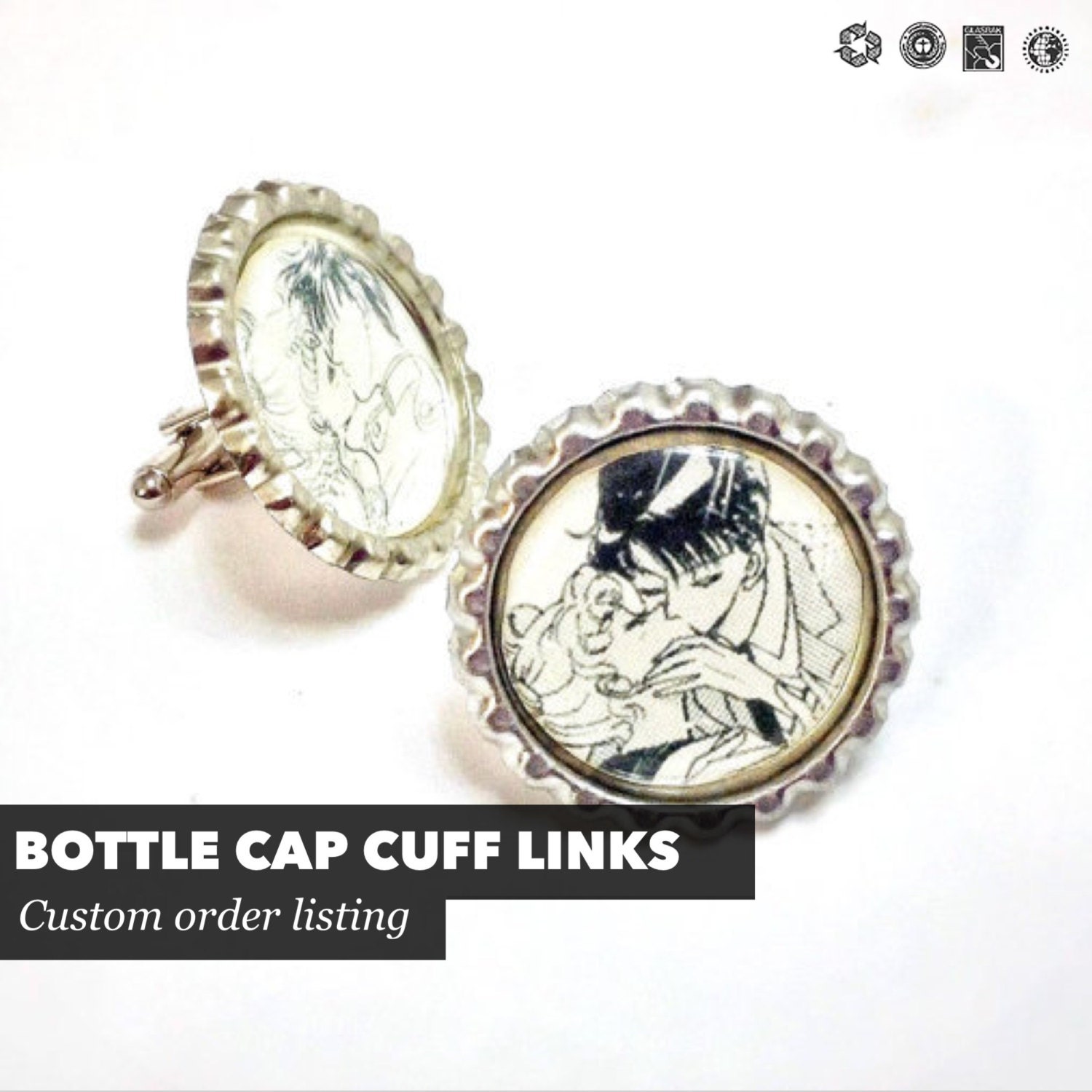 CUSTOM ORDER Bottle Cap Cuff Links- Character or Photo of your choice - Free Domestic Shipping