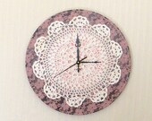 Pink Lace White Doily Wall Clock Vintage Inspired Cottage Style Clock Shabby Chic Home Decor Dusty Rose Eco Friendly Upcycled