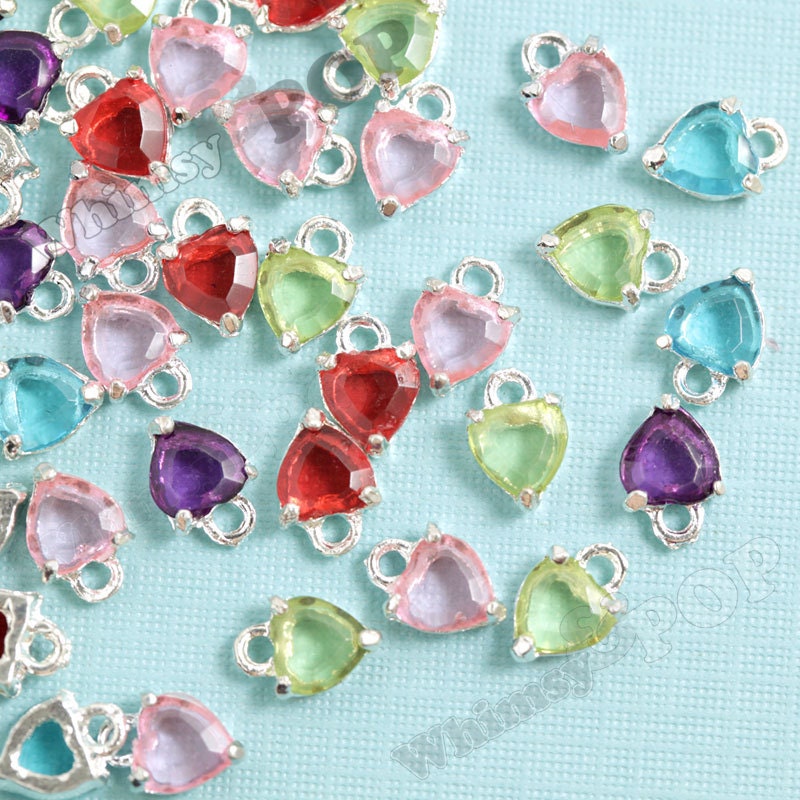 10 - Mini  Acrylic Crystal Studded Heart Silver Plated Charms, 8mm x 11mm  (2-6A)