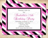 Diagonal Stripes Birthday Invitation - Pink Birthday Invite - Custom Color and Wording