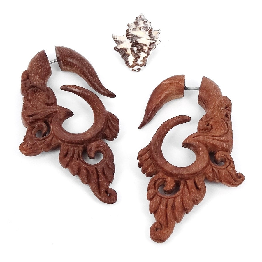 FAKE GAUGE -- 1 Pair - Organic Wooden Earrings - Hand Cut Sabo Wood - Scrolled Om, Ohm, Aum - (By Fake Gauge Organics)