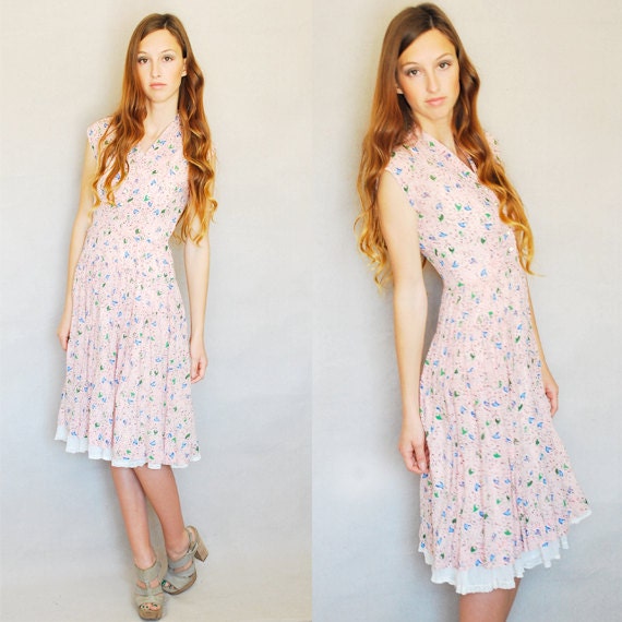 Vintage 50's Light Pink Atomic Print Sheer Button Up Dress Metal Zipper Rhinestone Buttons Small XS