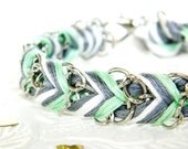 Clouded Mint - Slate Grey, Pearl & Mint - Chevron Braided Modern Friendship Bracelet - Silver Chain