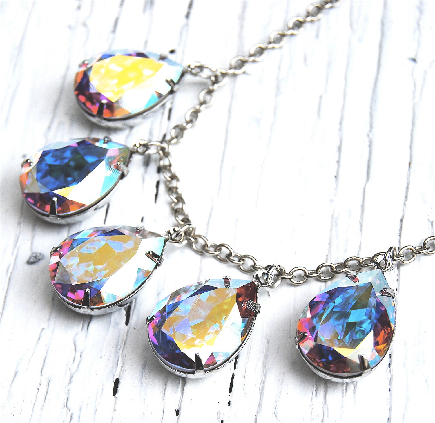 Aurora Borealis, Duchess Swarovski Crystal Necklace - Swarovki Aurora Borealis Rainbow Pears in Silver Necklace