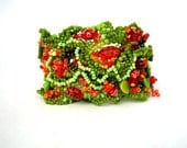 Beaded bracelet, Beadwork, Seed beads jewelry, Green Orange Chartreuse Freeform peyote bracelet, spring fashion - ibics