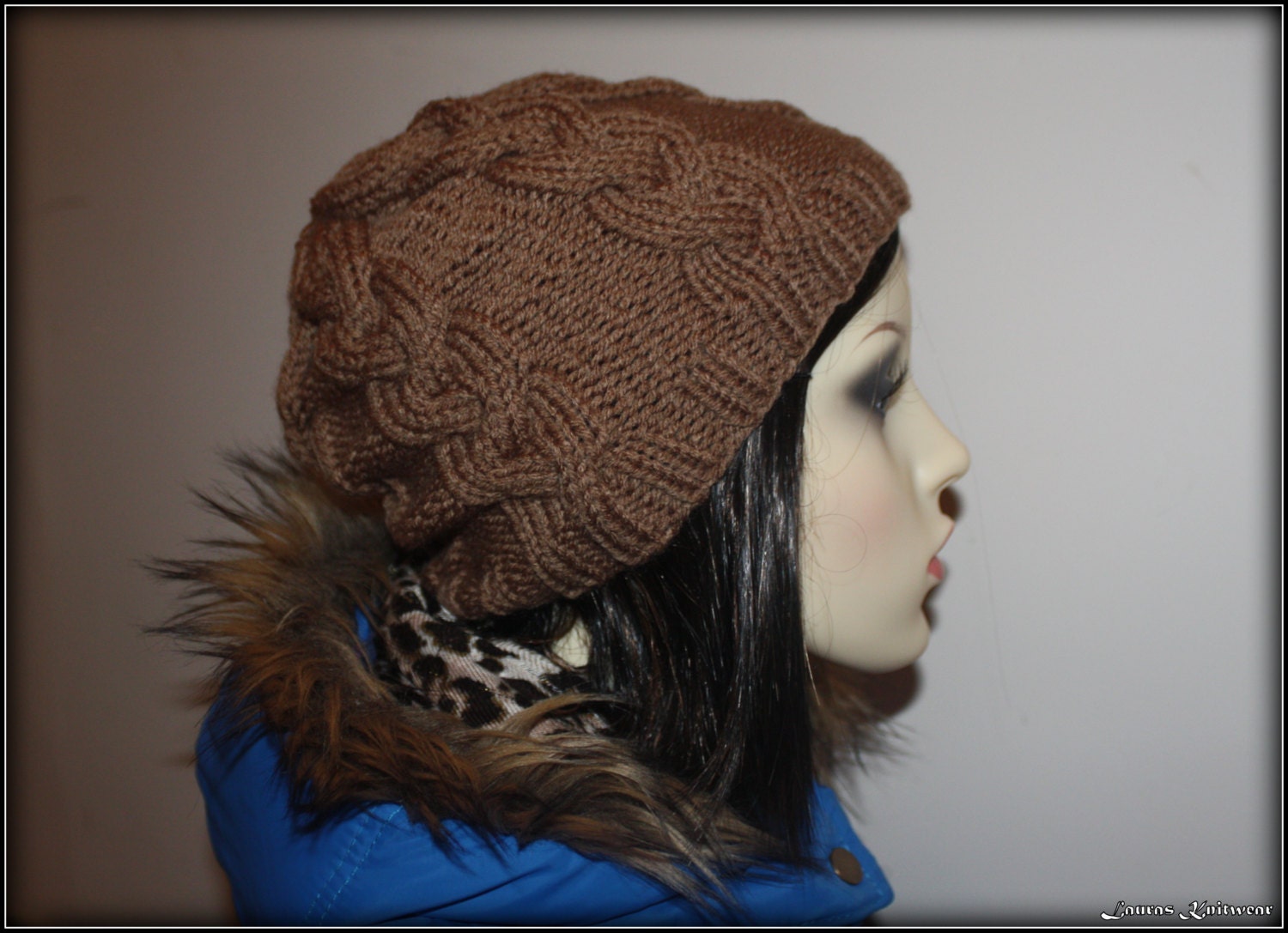 Handmade Beanie Hat Brown Cable Knit