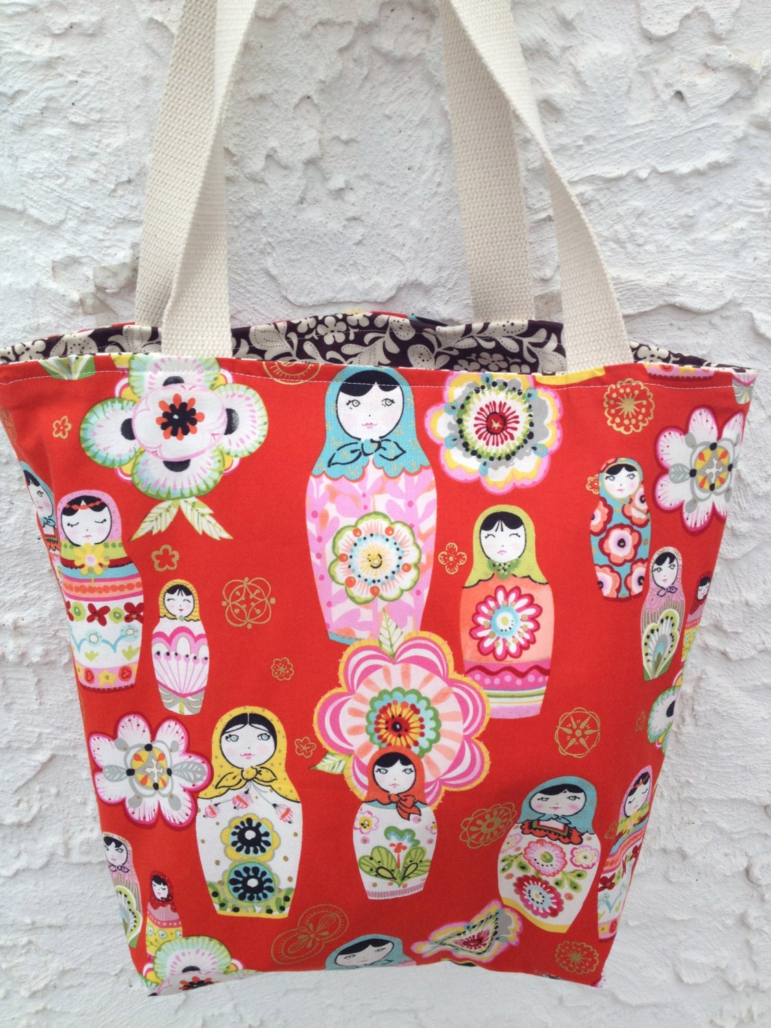 Red Matryoshka Babushka Doll Reversible Canvas Tote Bag