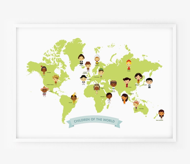 World Map - Map of the World Children with Traditional Costume Illustration Poster Print 13 x 19