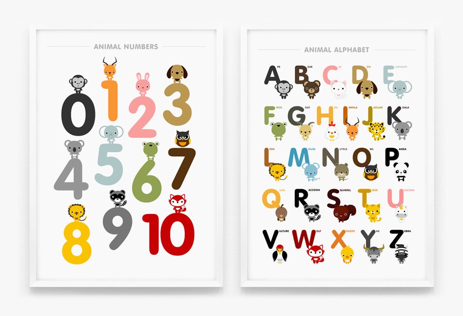Children decor, Alphabet and Number Posters, Kids wall art animal 8x10 art print