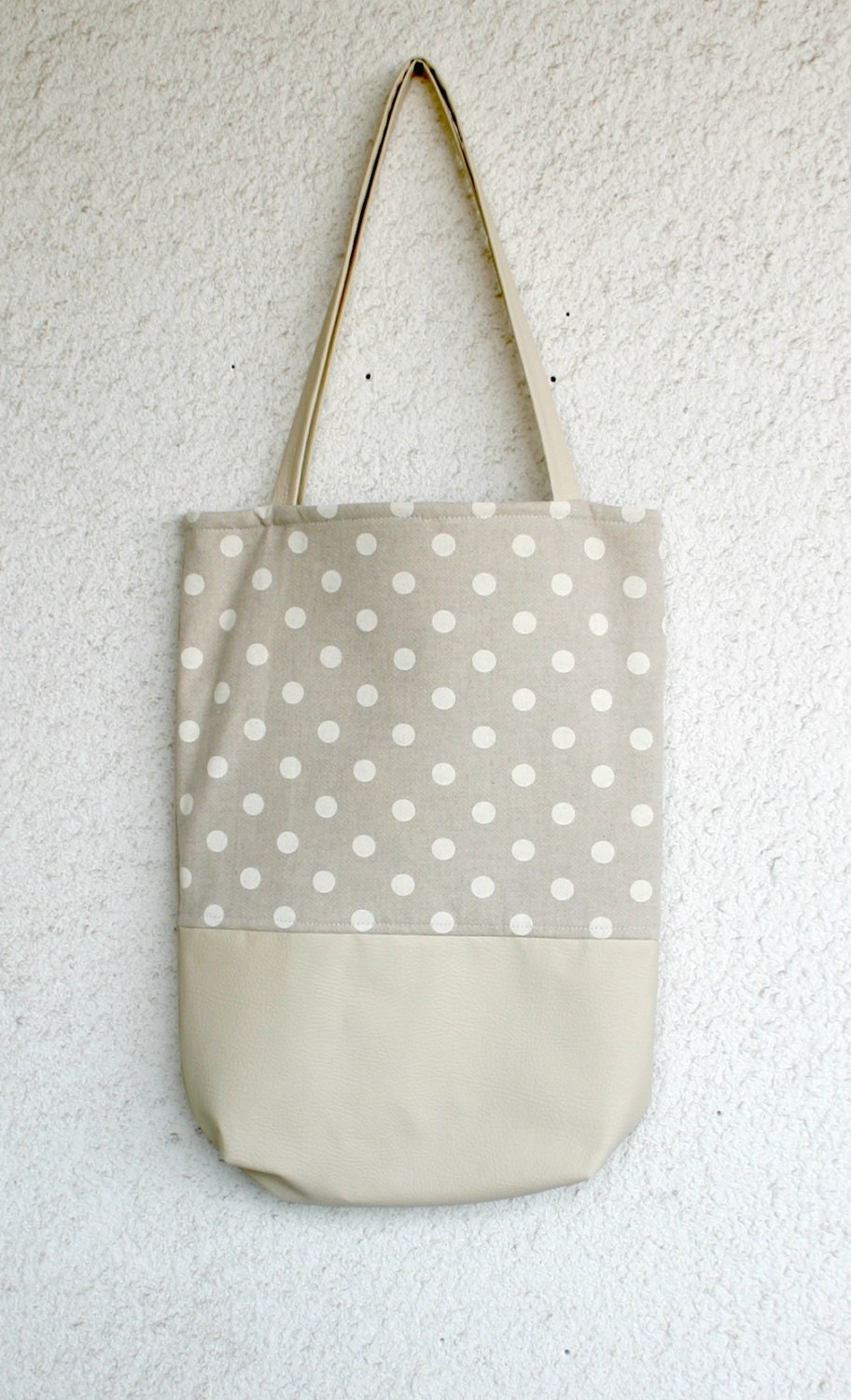 Leather and polka dots cotton Tote Bag Leather handles Straps Light Grey