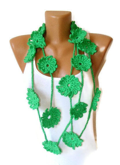 Crochet Lariat Scarf, women fashion scarf, green , for her, gifts ideas, spring summer fall, crochet necklace, accessories