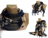 retro women cotton scarf , tasseled , summer spring fashion , soft scarf , navy blue and beige