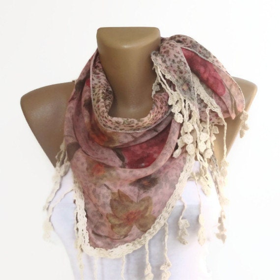 lace scarf , floral print soft pink scarf, yellow pink rose .... spring summer accessories for her