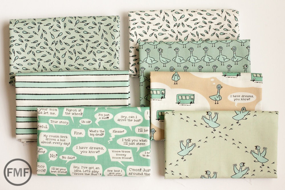 Fat Quarter Bundle Don't Let the Pigeon Drive the Bus, by Mo Willems, 100% Organic Cotton, Cloud9 Fabrics